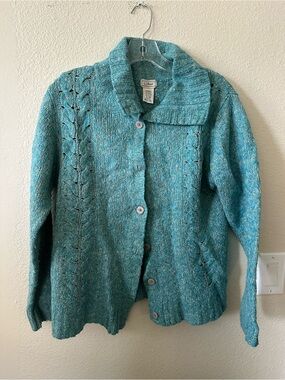 L.L. Bean women's  Teal Shawl-Collar Cable Knit Button Cardigan Xl/ NWOT 1297